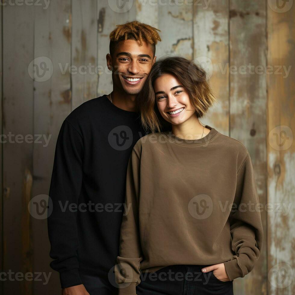Illustration of a couple fashion portrait with plain sweater mockup, AI. generative photo