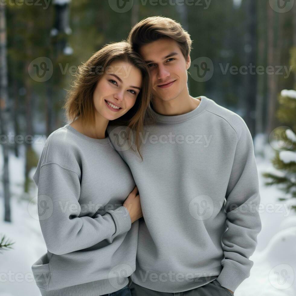 Illustration of a couple fashion portrait with plain sweater mockup, AI. generative photo