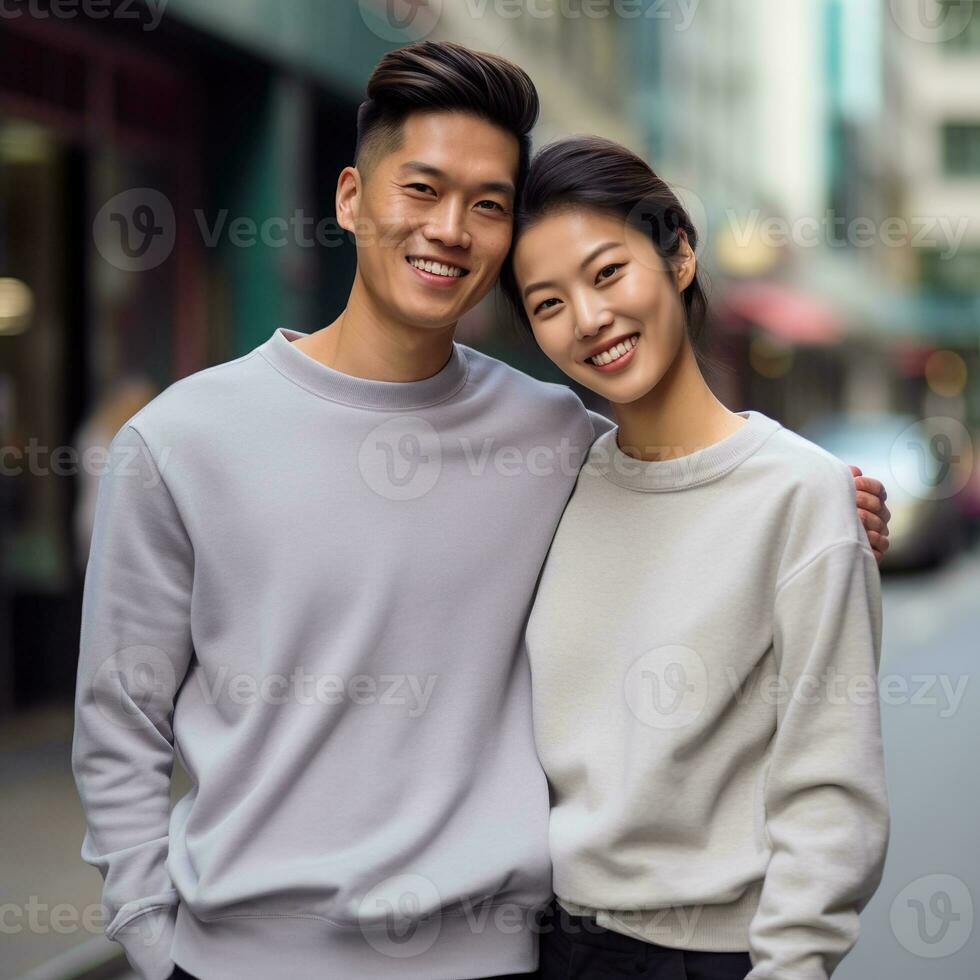 Illustration of a couple fashion portrait with plain sweater mockup, AI. generative photo