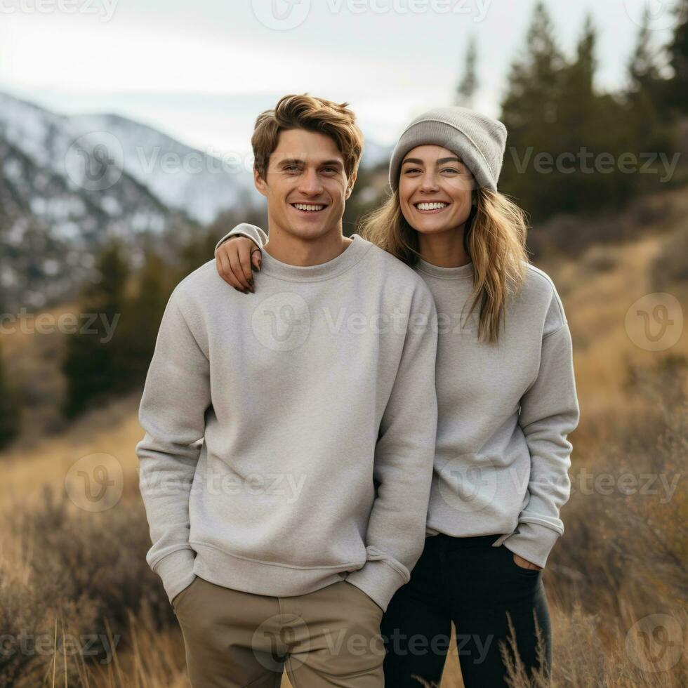 Illustration of a couple fashion portrait with plain sweater mockup, AI. generative photo