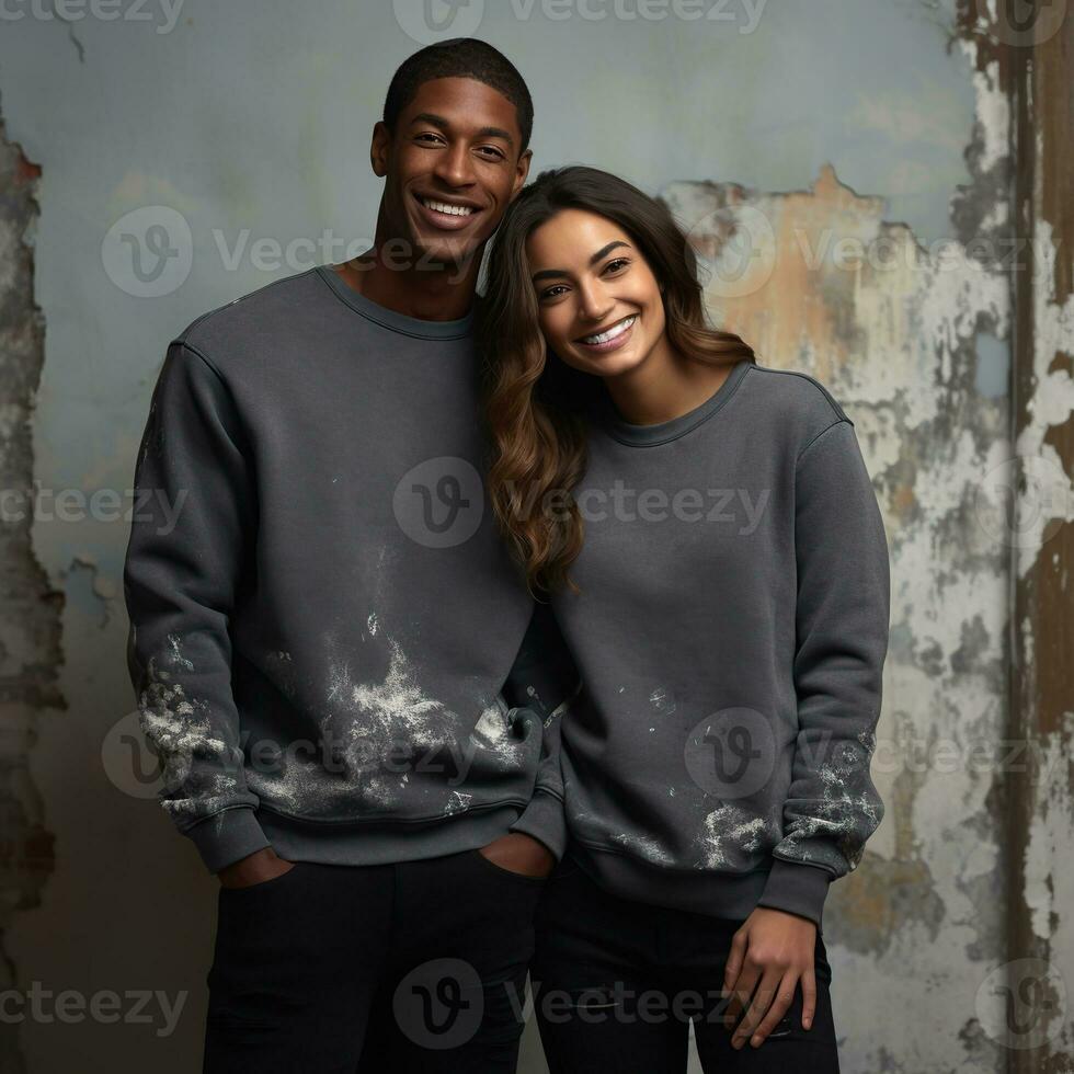 Illustration of a couple fashion portrait with plain sweater mockup, AI. generative photo