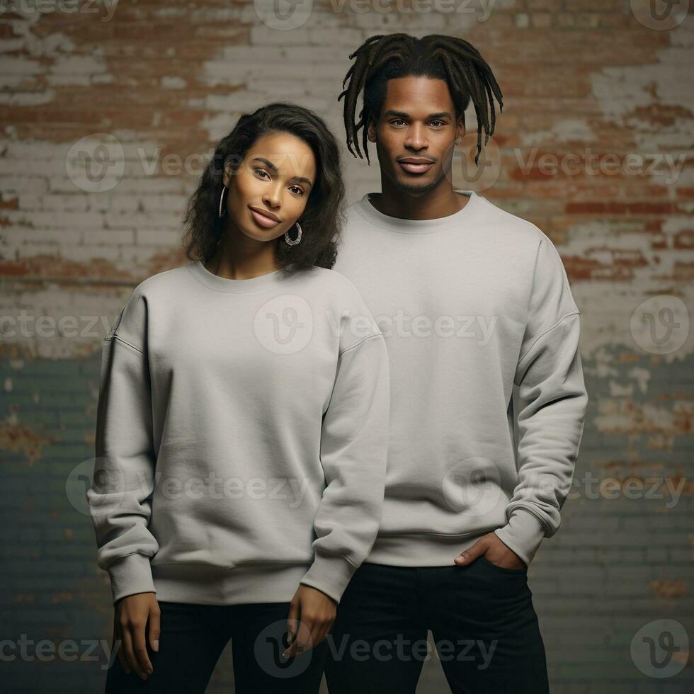 Illustration of a couple fashion portrait with plain sweater mockup, AI. generative photo