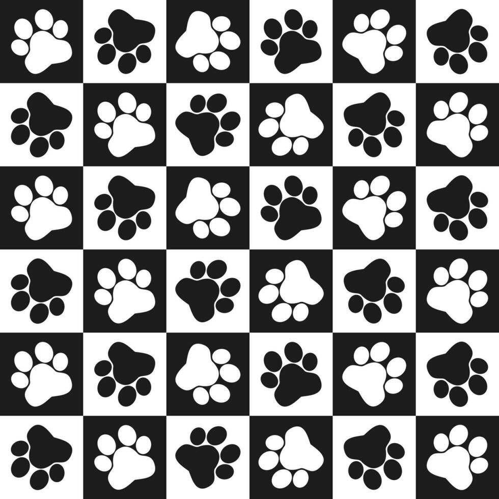 Vector seamless paw footprints on a checkered background black and white simple design