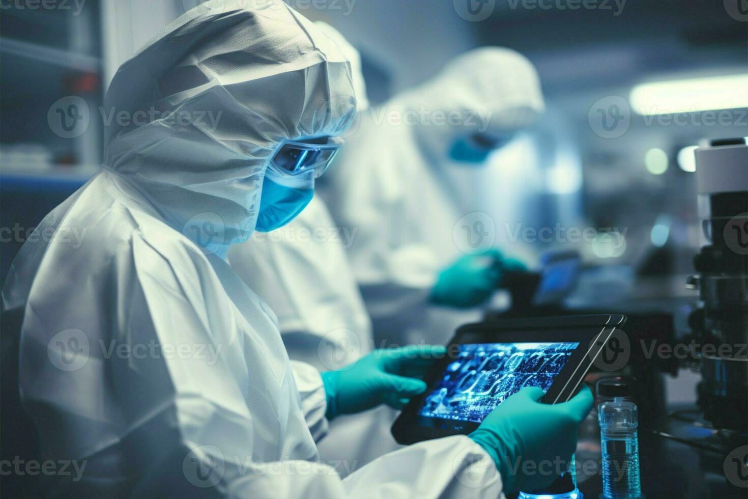Lab team, in protective gear, employs high tech methods for COVID research AI Generated photo