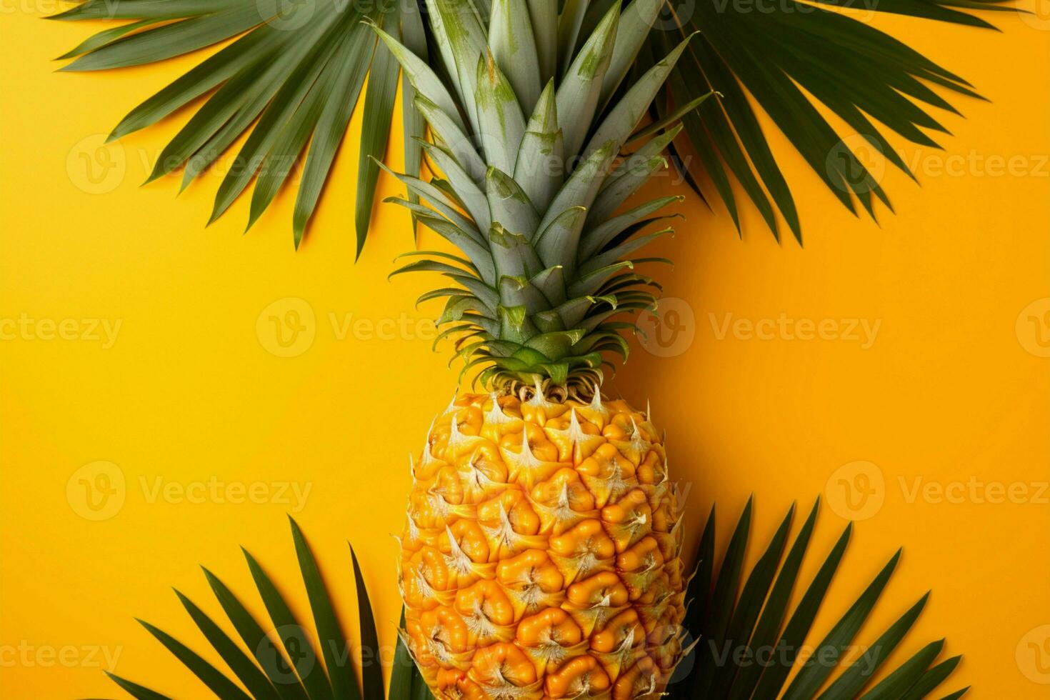 Vibrant pineapple, palm leaves on orange yellow backdrop AI Generated photo