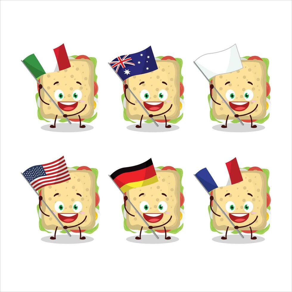 emparedado dibujos animados personaje traer el banderas de varios países vector