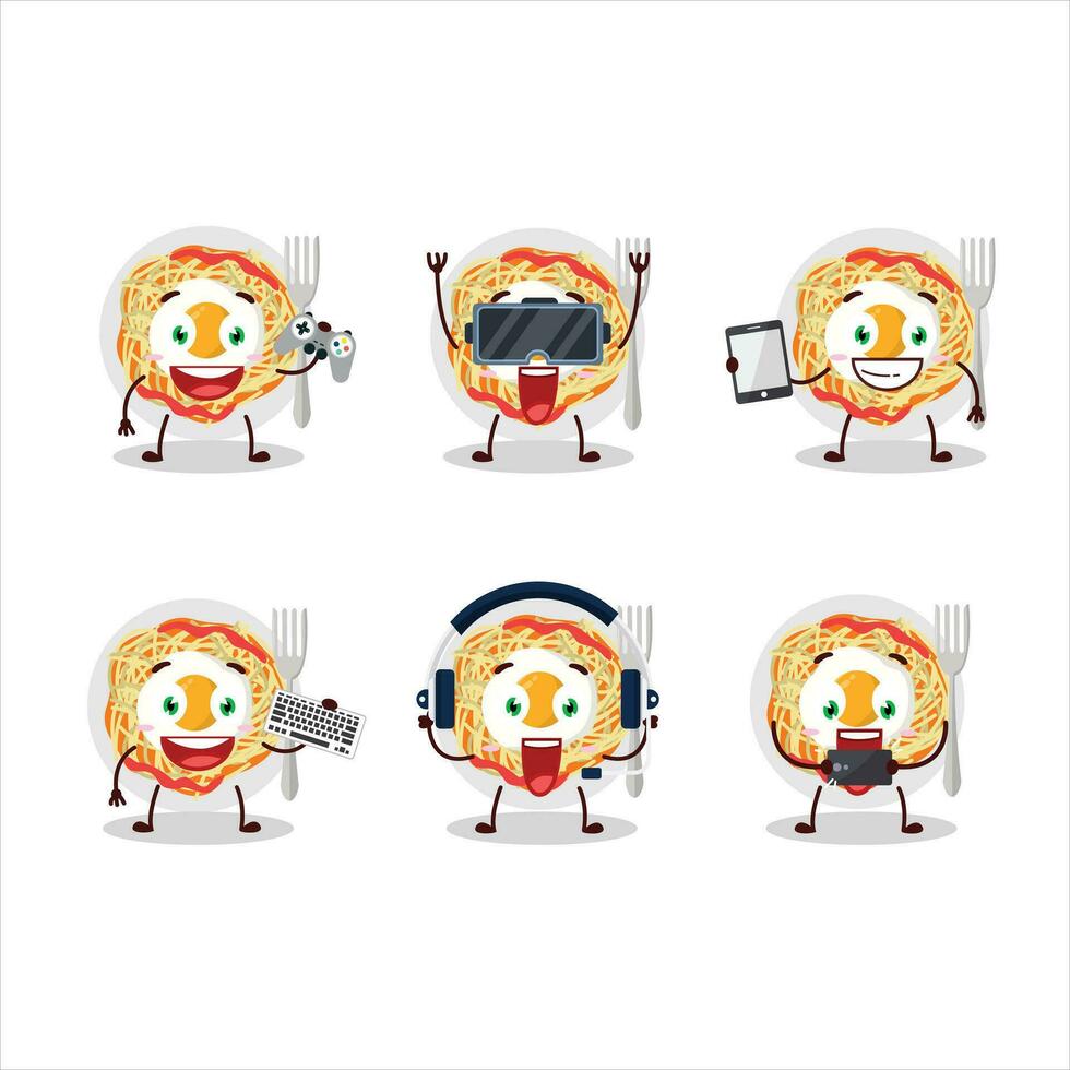 Noodles cartoon character are playing games with various cute emoticons vector