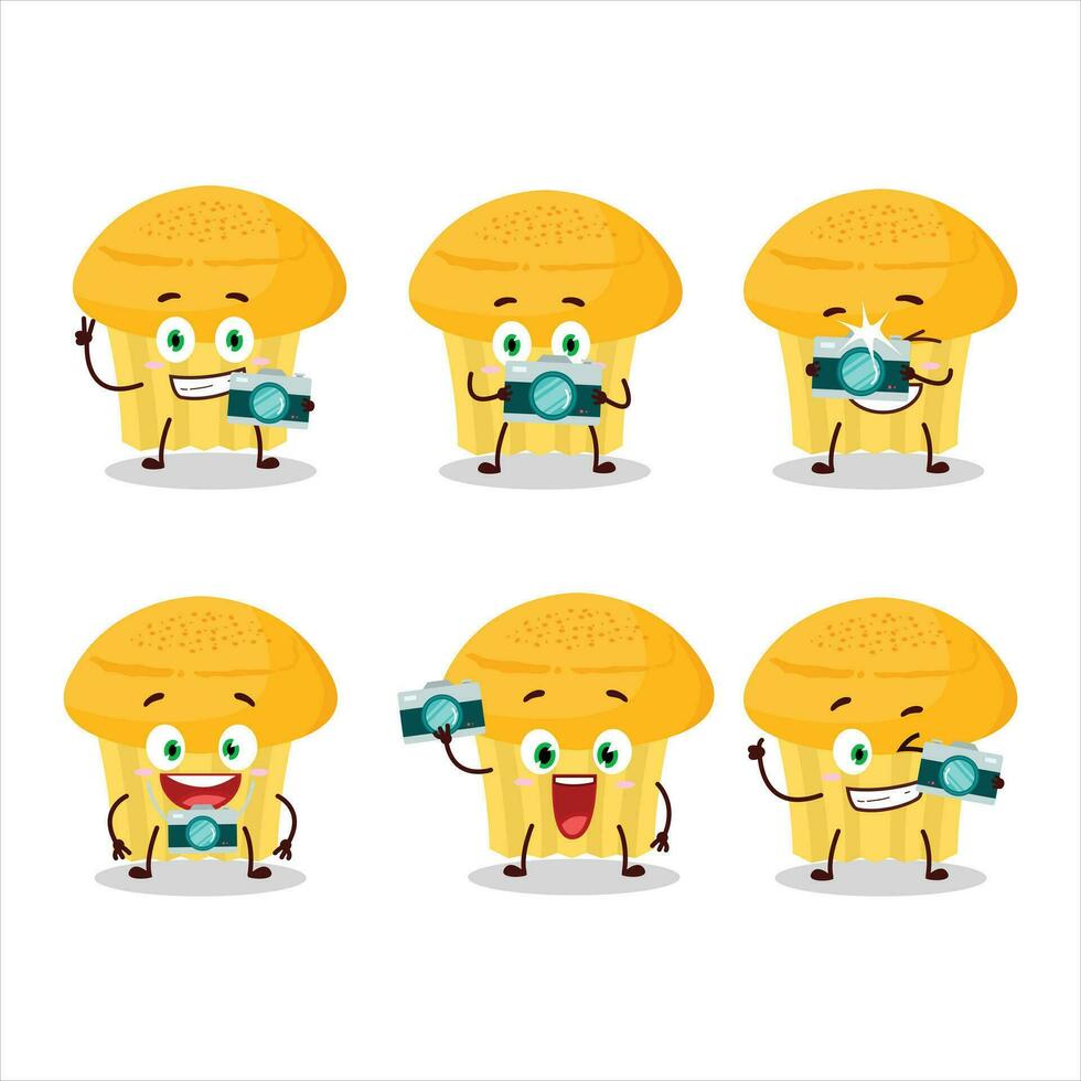 Photographer profession emoticon with cheese muffin cartoon character vector