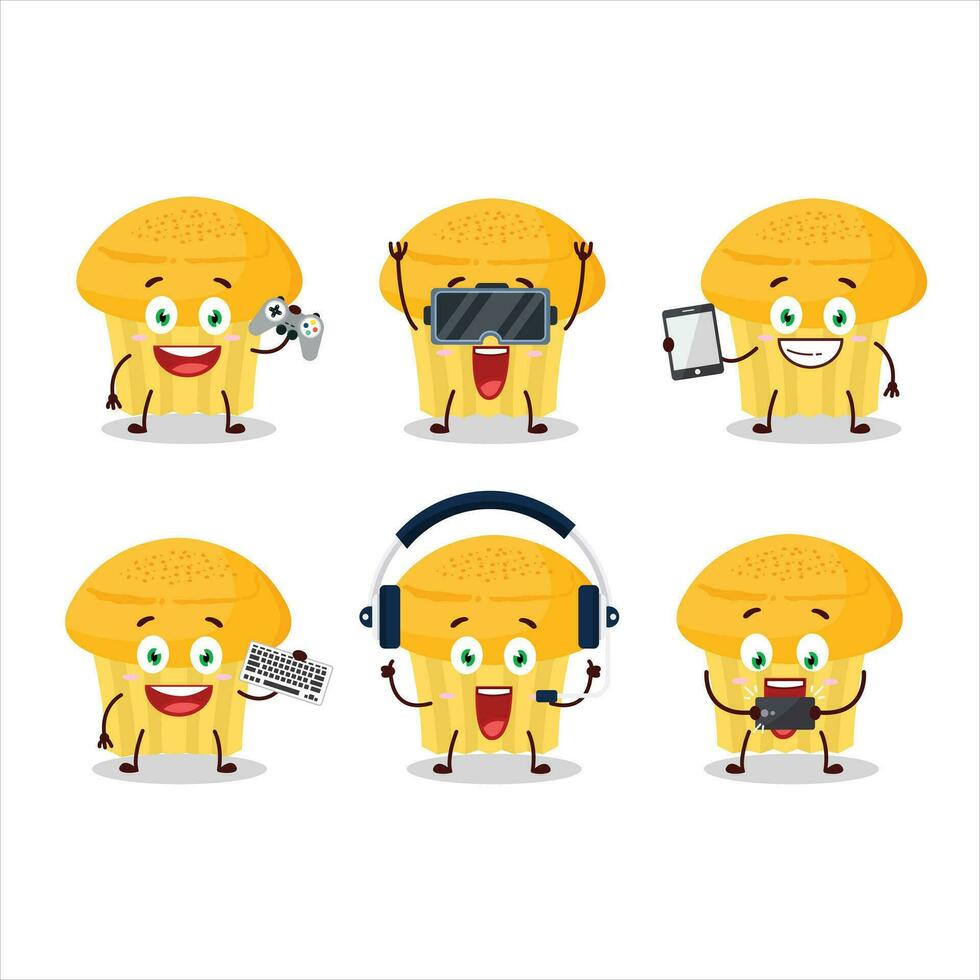 Cheese muffin cartoon character are playing games with various cute emoticons vector