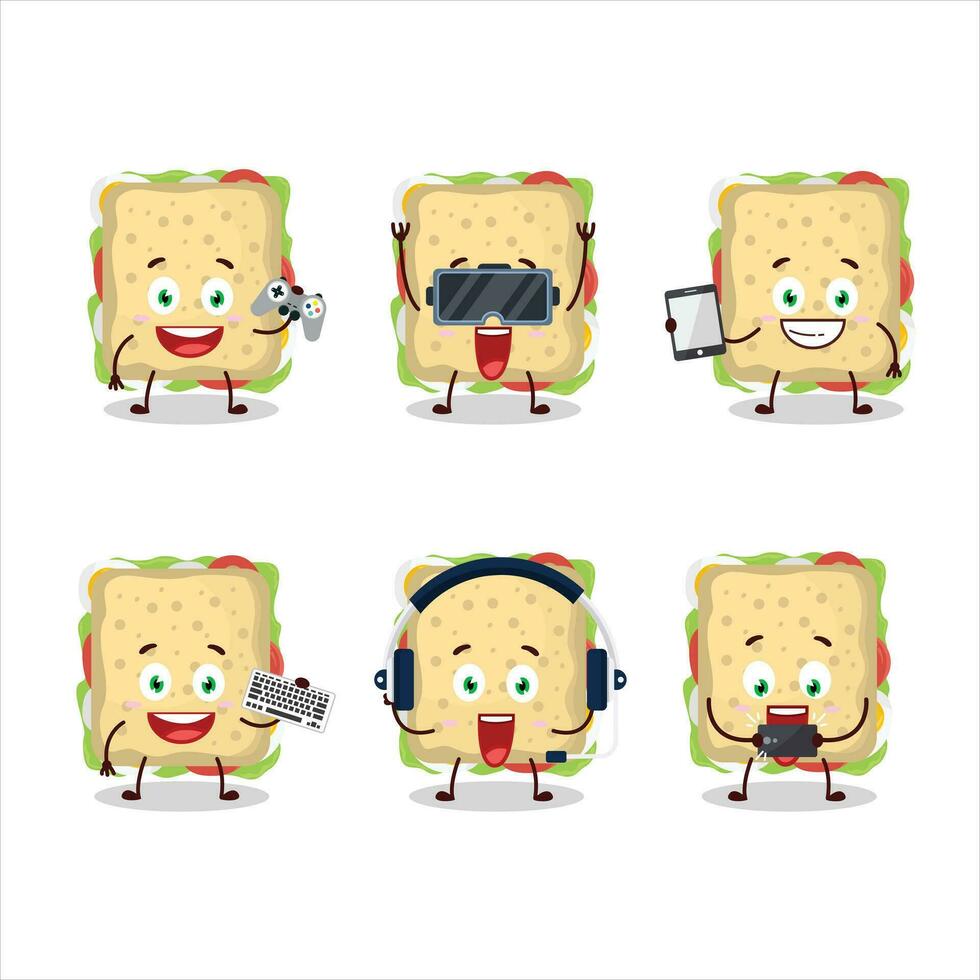 Sandwich cartoon character are playing games with various cute emoticons vector