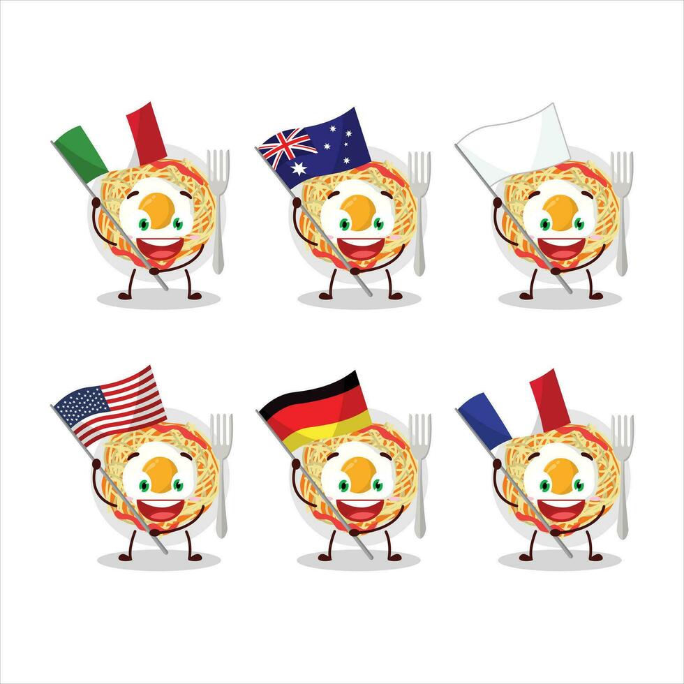 Noodles cartoon character bring the flags of various countries vector