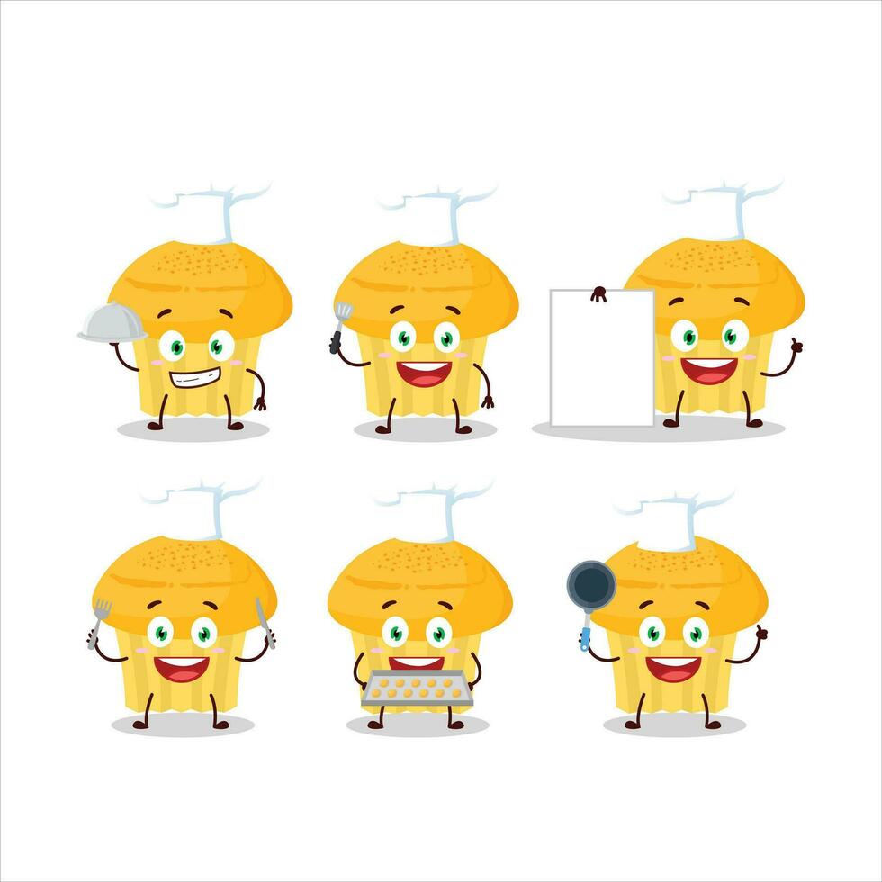 Cartoon character of cheese muffin with various chef emoticons vector