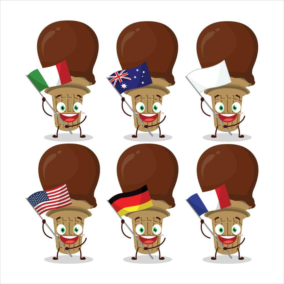 Ice cream chocolate cartoon character bring the flags of various countries vector