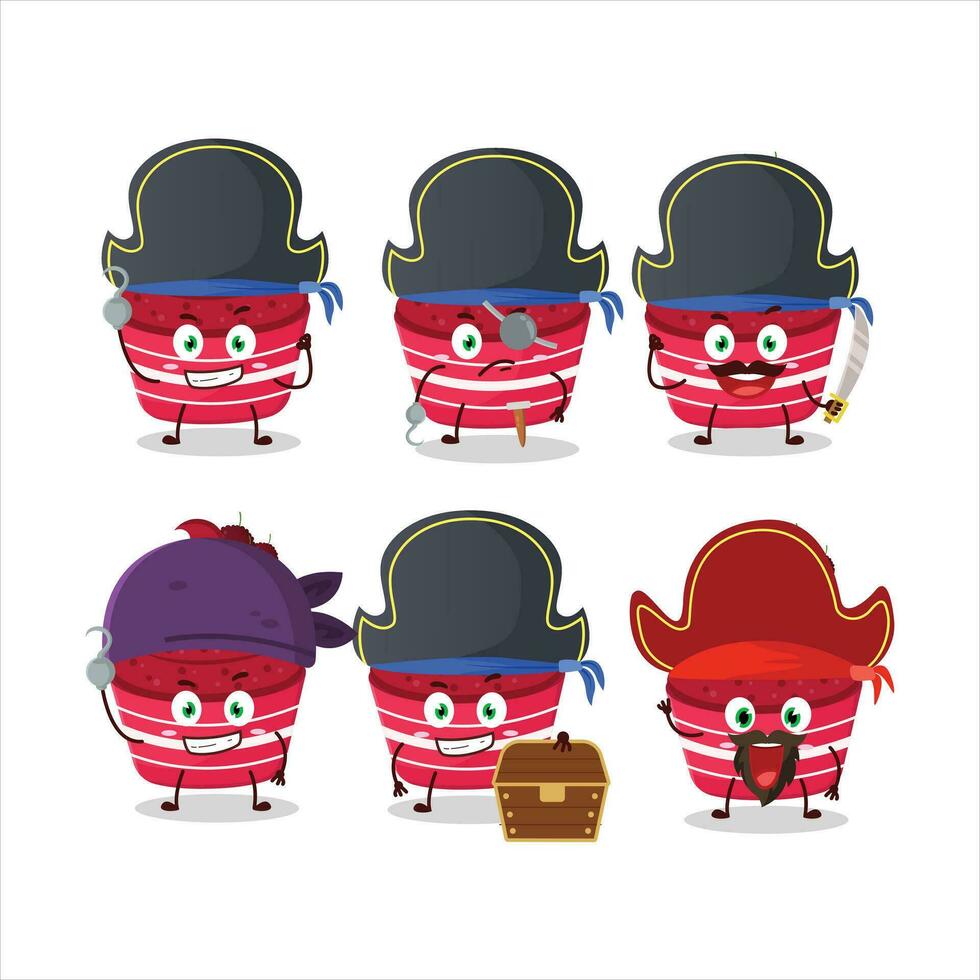 dibujos animados personaje de hielo crema frambuesa taza con varios piratas emoticones vector