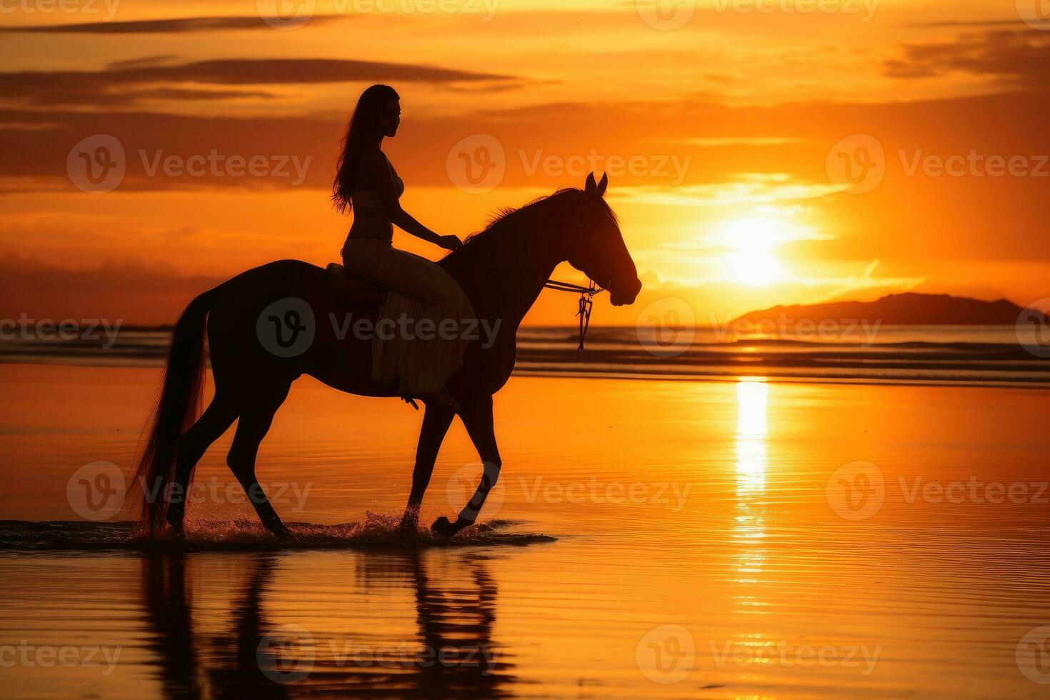 A woman riding on a horse at a beautiful beach.AI generative photo