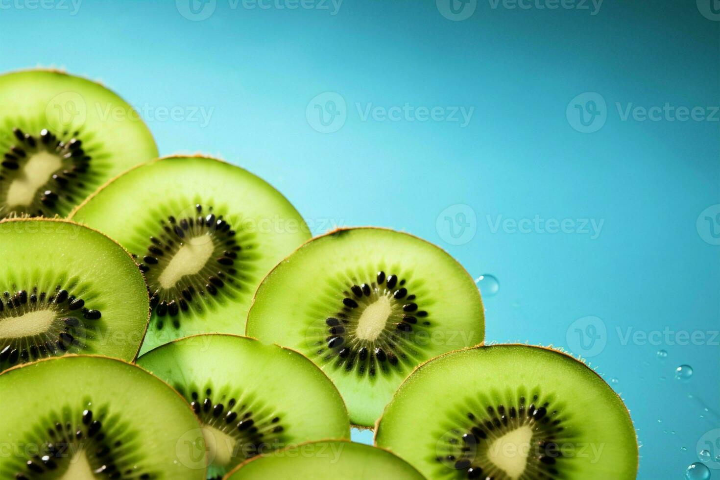 Fresh kiwi slices against green background, ideal for health conscious messages AI Generated photo