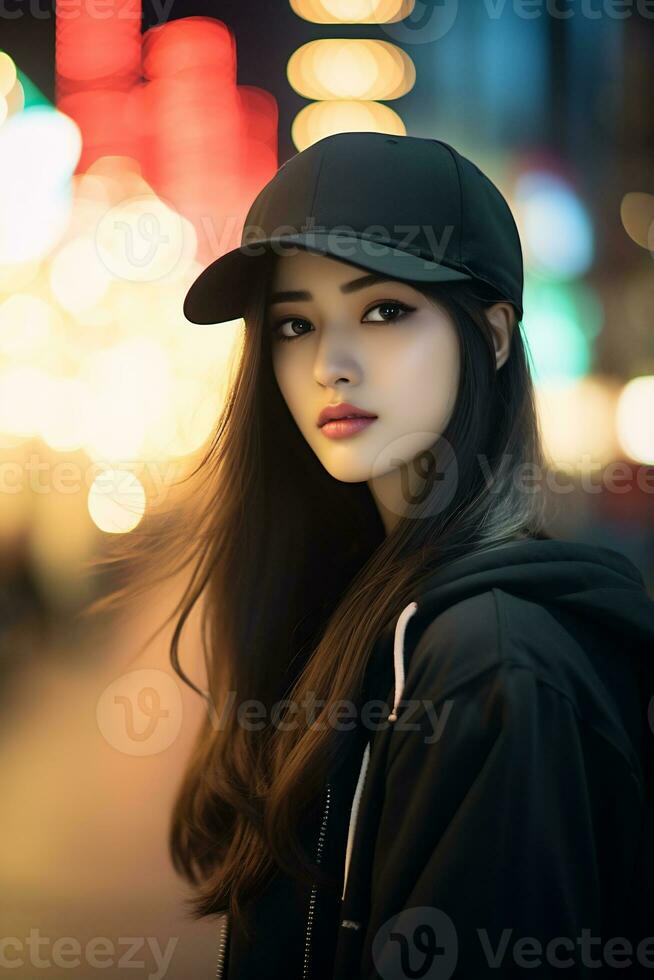 hermosa asiático niña vistiendo terminado Talla capucha en casual estilo ai generativo foto
