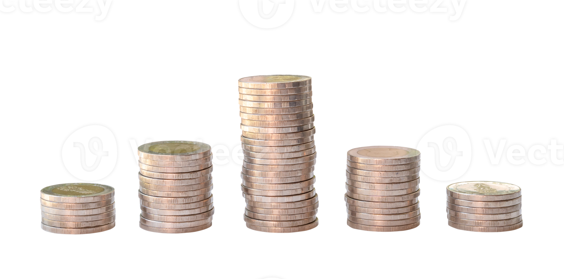 Silver coins in separated stacks isolated with clipping path in png file format. Money growth concept in investment and saving money