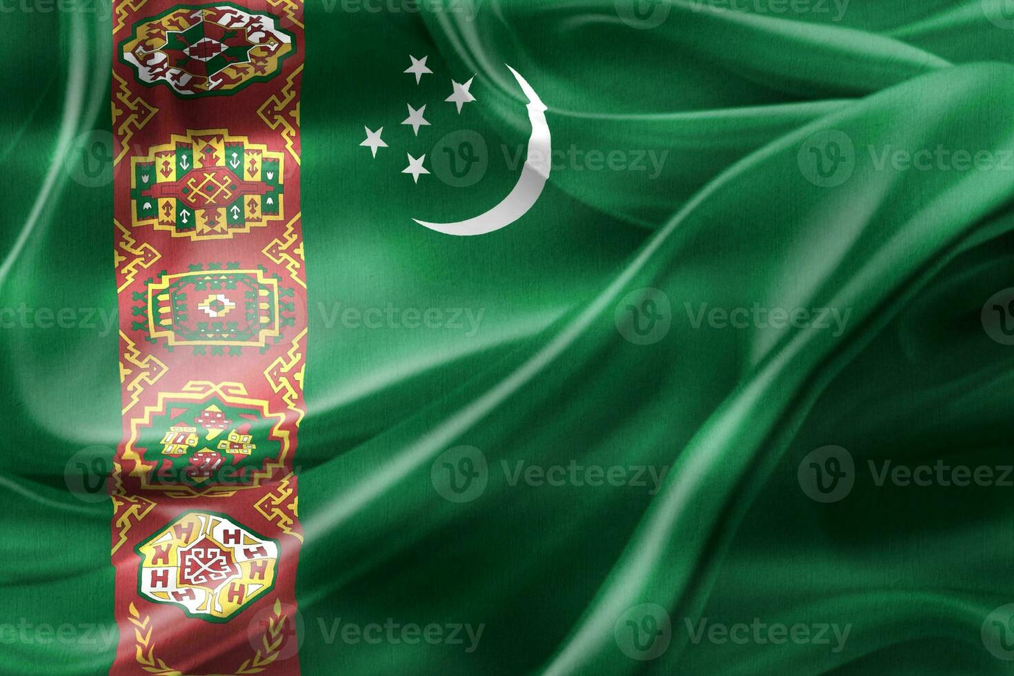 Ilustración 3d de una bandera de turkmenistán - bandera de tela ondeante realista foto