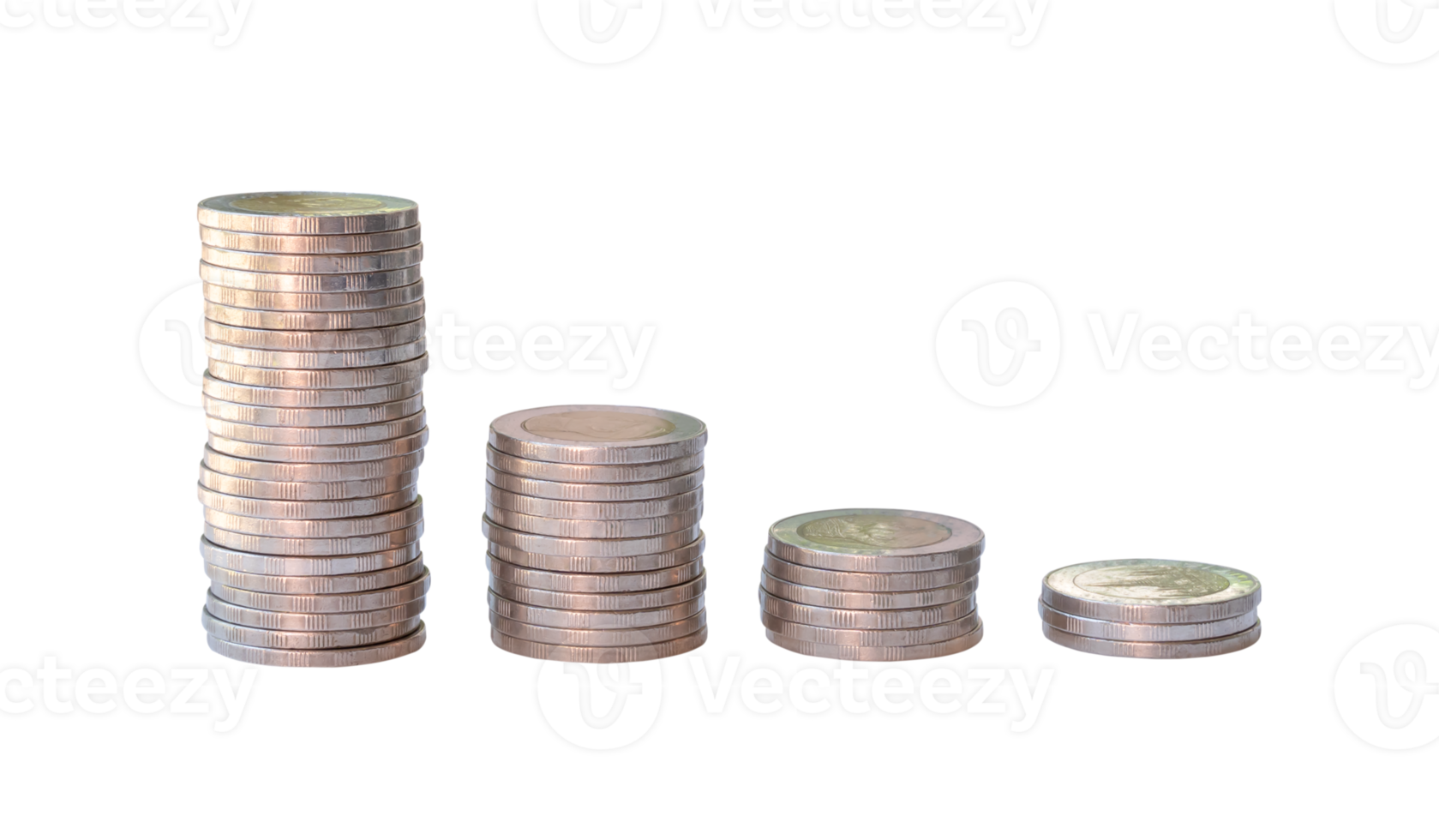 Silver coins in separated stacks isolated with clipping path in png file format. Money growth concept in investment and saving money