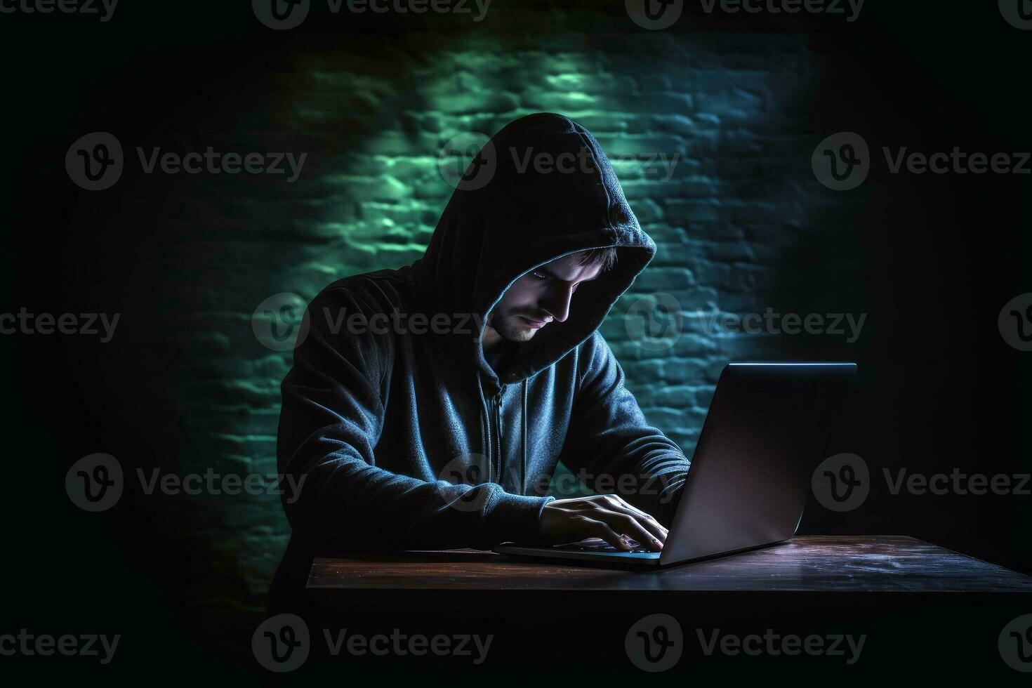 A hacker at work in a dark room.AI generative photo