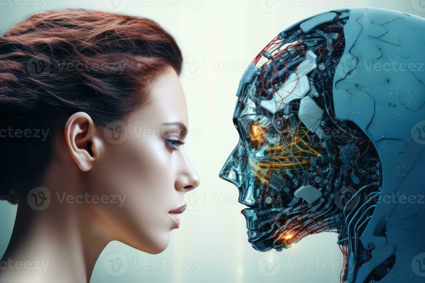 A human head and an artificial intelligence eye to eye.AI generative photo