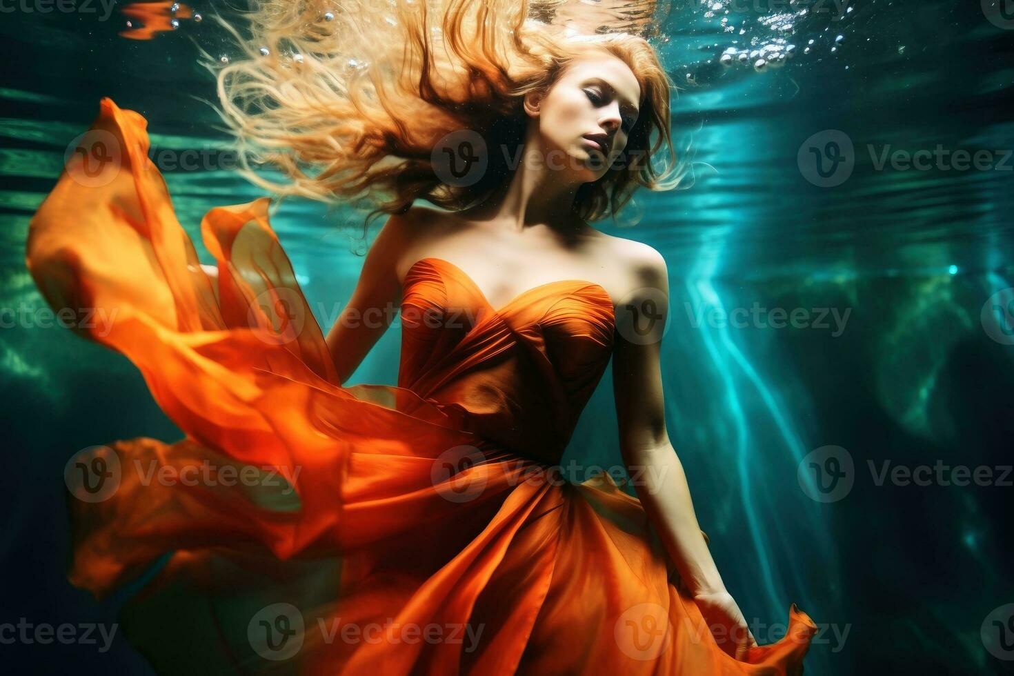 Underwater shot of a woman with an elegant dress.AI generative photo