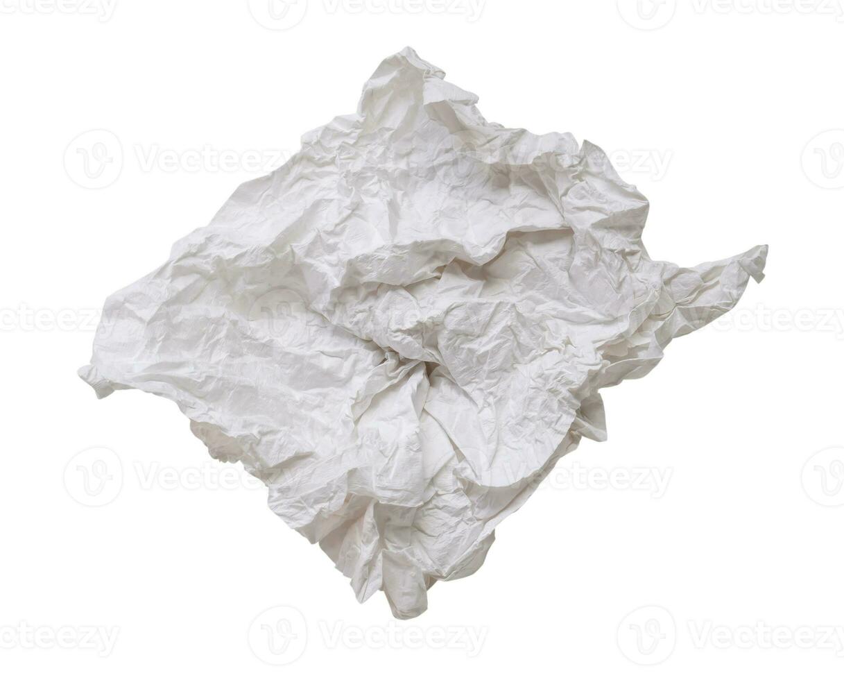 Single screwed or crumpled tissue paper or napkin in strange shape after use in toilet or restroom isolated on white background with clipping path photo