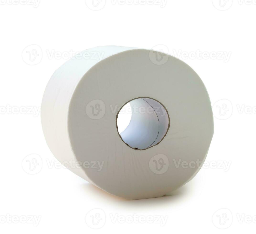 Single roll of white tissue paper or napkin prepared for use in toilet or restroom isolated on white background with clipping path photo