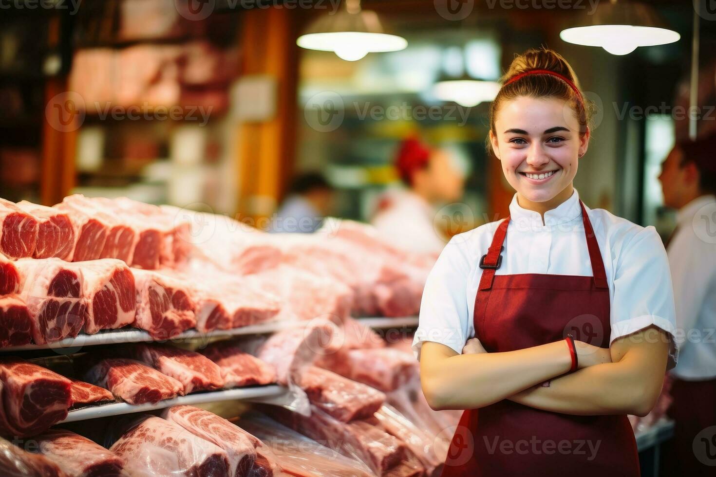 un hembra Carnicero ventas empleado a trabajo.ai generativo foto