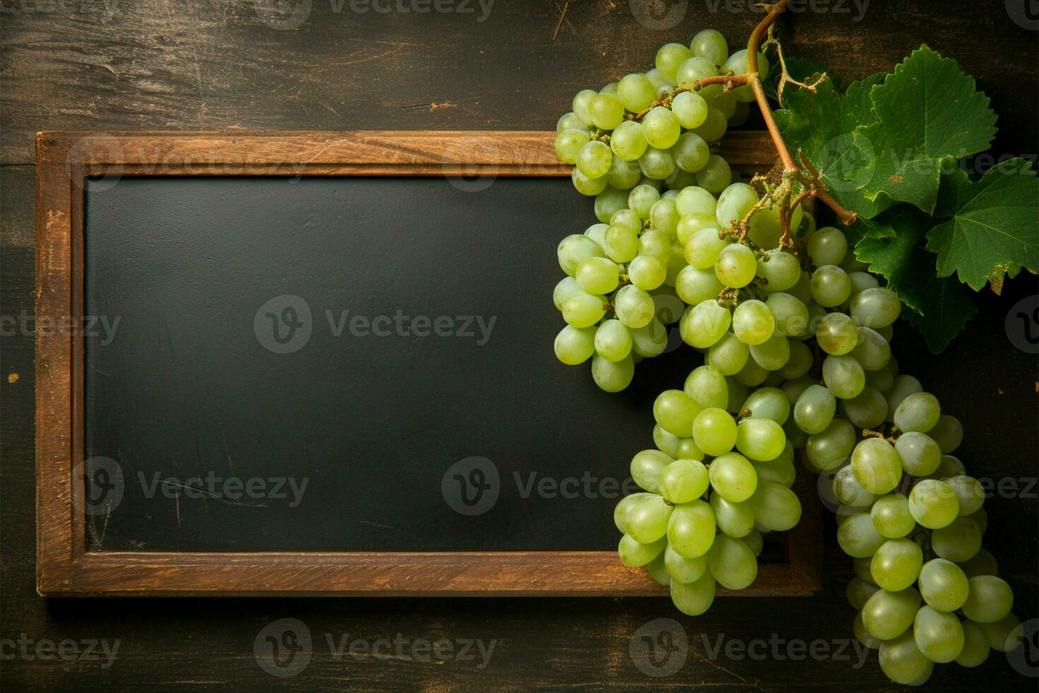 Green and white grapes artfully displayed on a grape themed chalkboard AI Generated photo