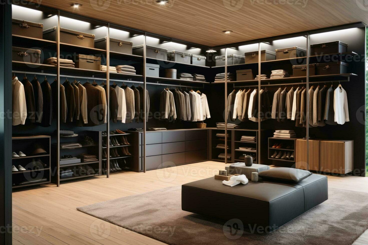A modern closet opened with some clothes. photo