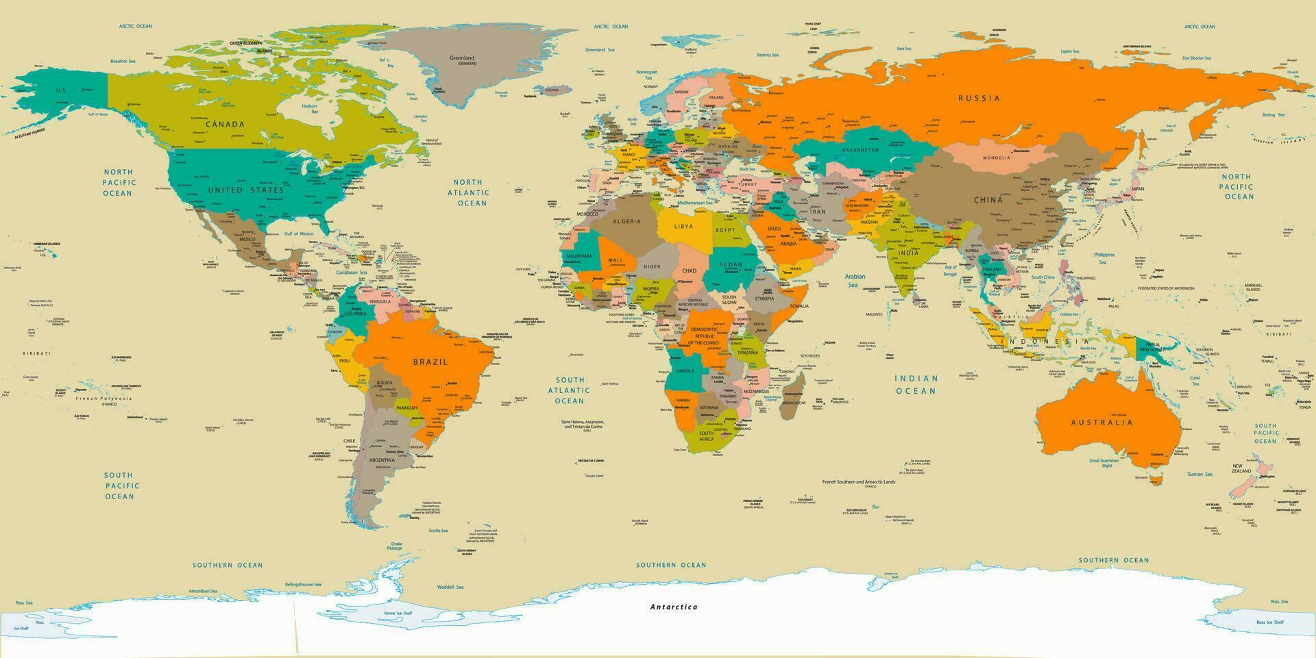 Political simple world map Equirectangular projection vector