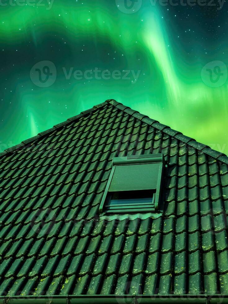 Open roof window in velux style with black roof tiles. photo