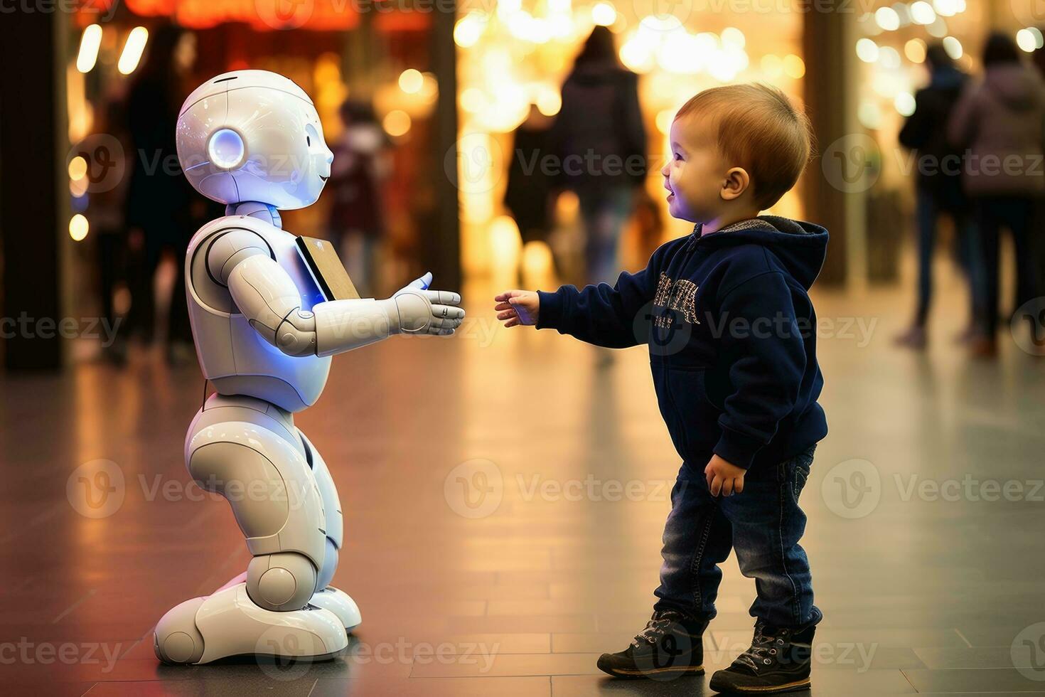 A child and a AI robot playing on a playground.AI generative photo