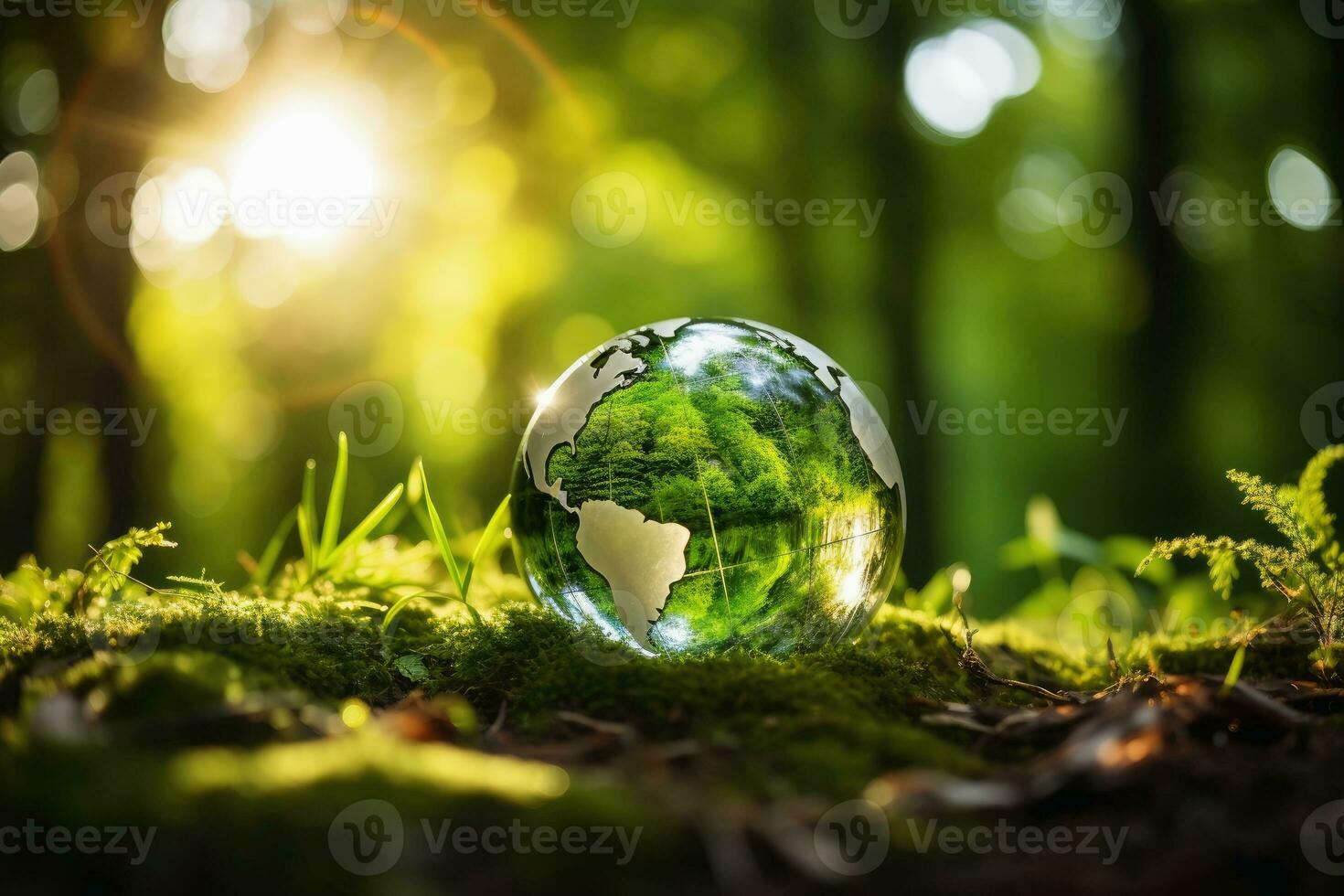 Green future of Earth and our ecological footprint in a glass sphere.AI generative photo