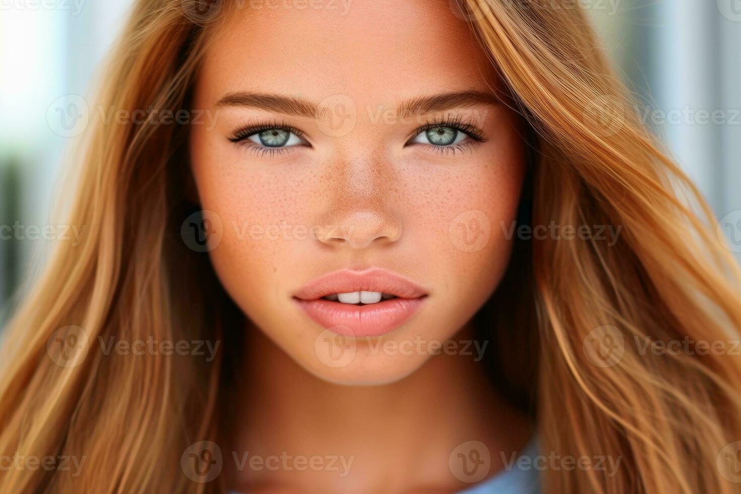 A beautiful woman looking very intensely into the camera.AI generative photo
