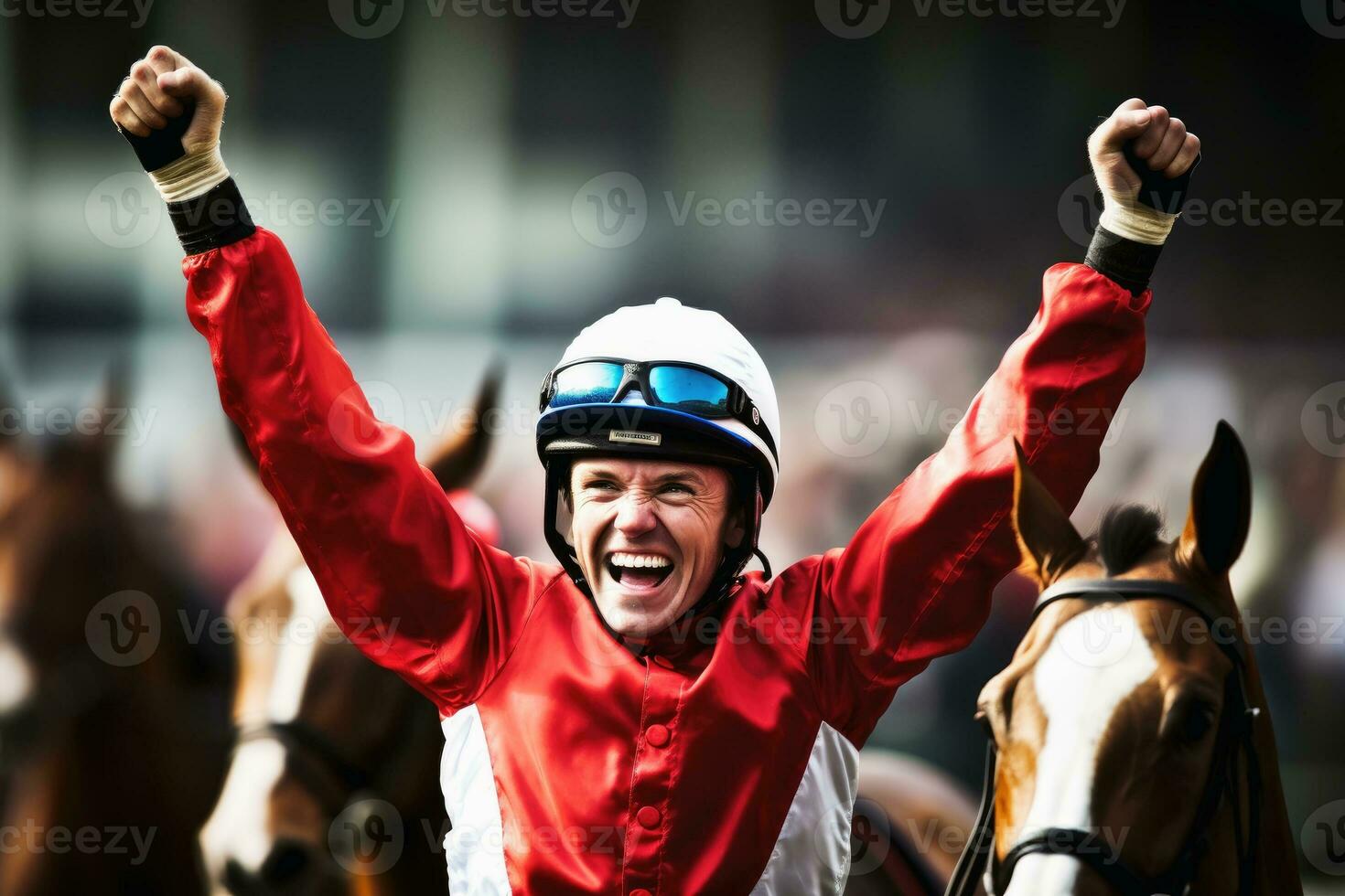 A jockey on a horse wins a race.AI generative photo