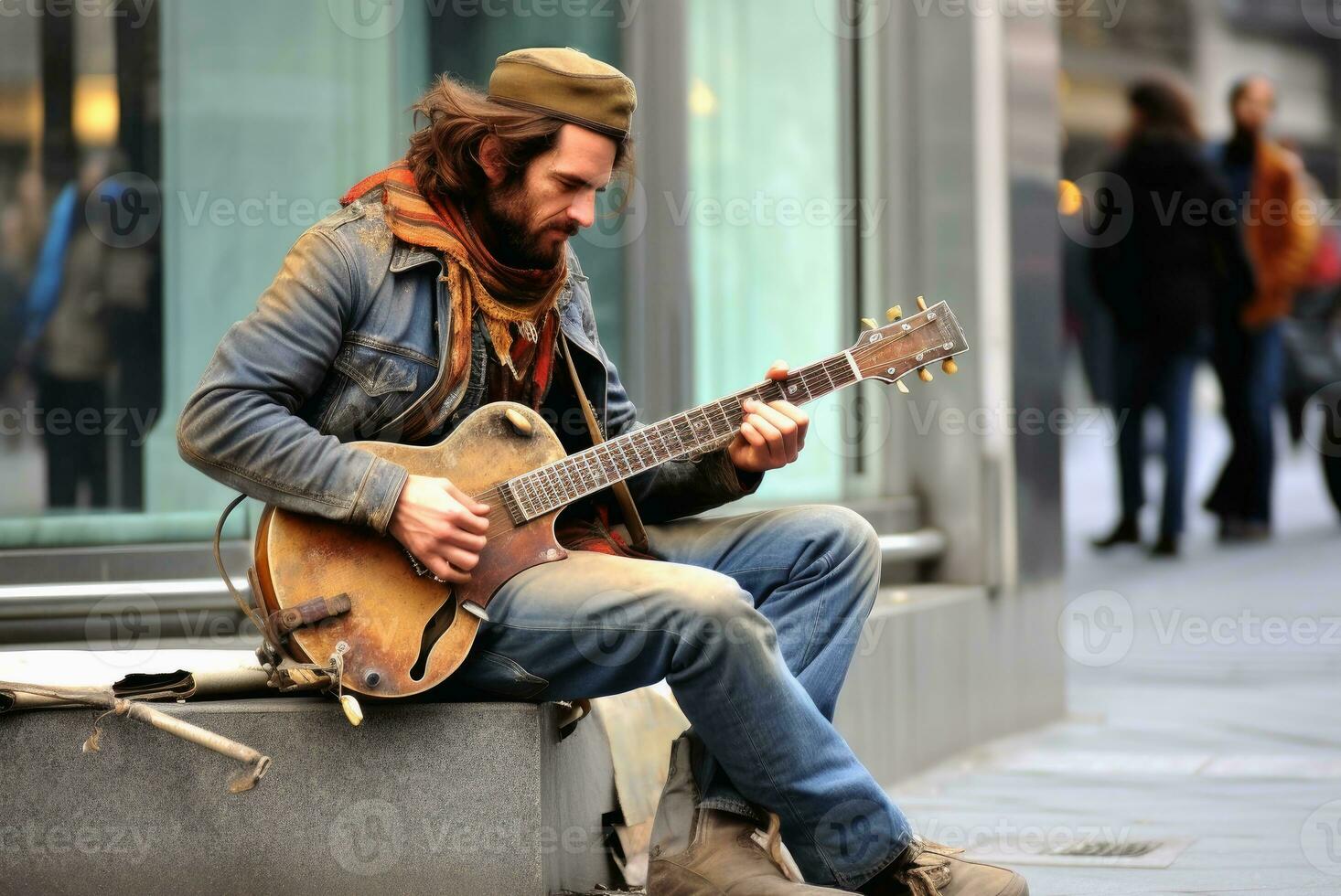 un calle músico jugando un canción en el carretera.ai generativo foto