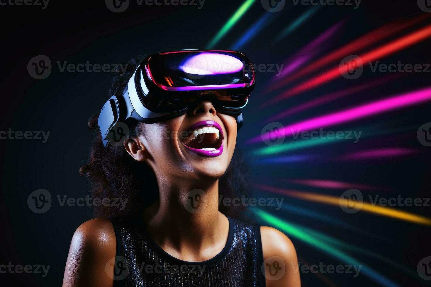 contento mujer en ciberespacio vistiendo vr gafas.ai generativo foto