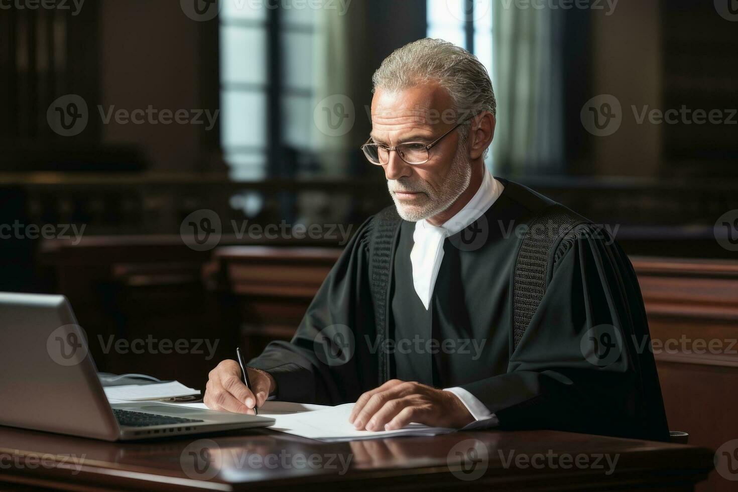 A judge at work at his desk.AI generative photo
