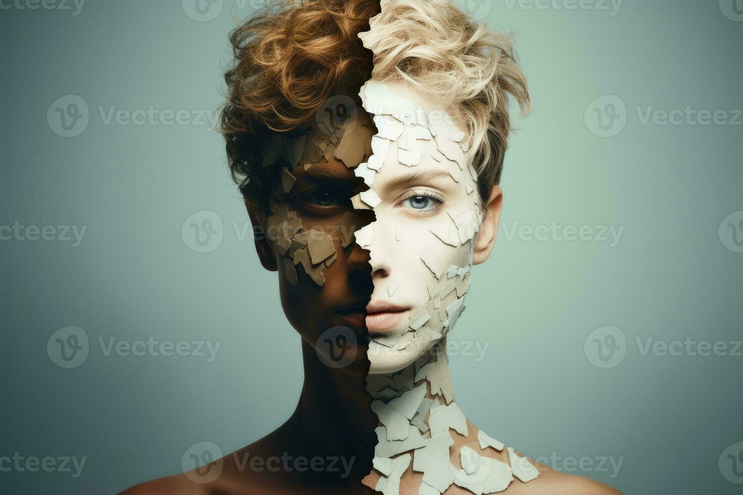 A portrait of a face being half woman and half manAI generative photo