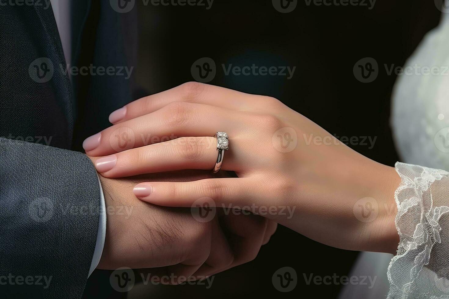 A beautiful wedding ring on her hand.AI generative photo