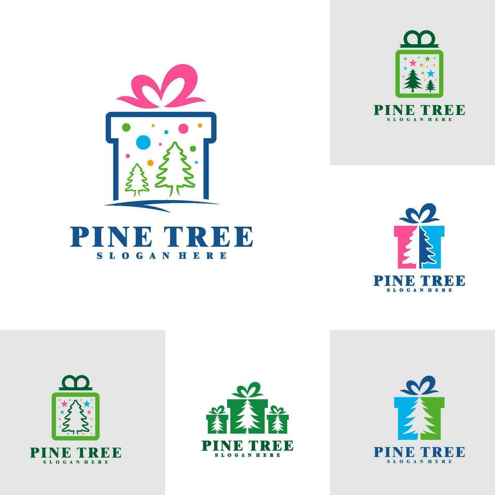 Set of Gift with Pine Tree logo design vector. Creative Pine Tree logo concepts template vector