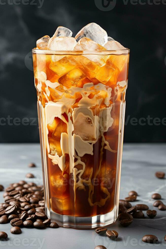 con hielo café en un alto vaso. ai generado foto