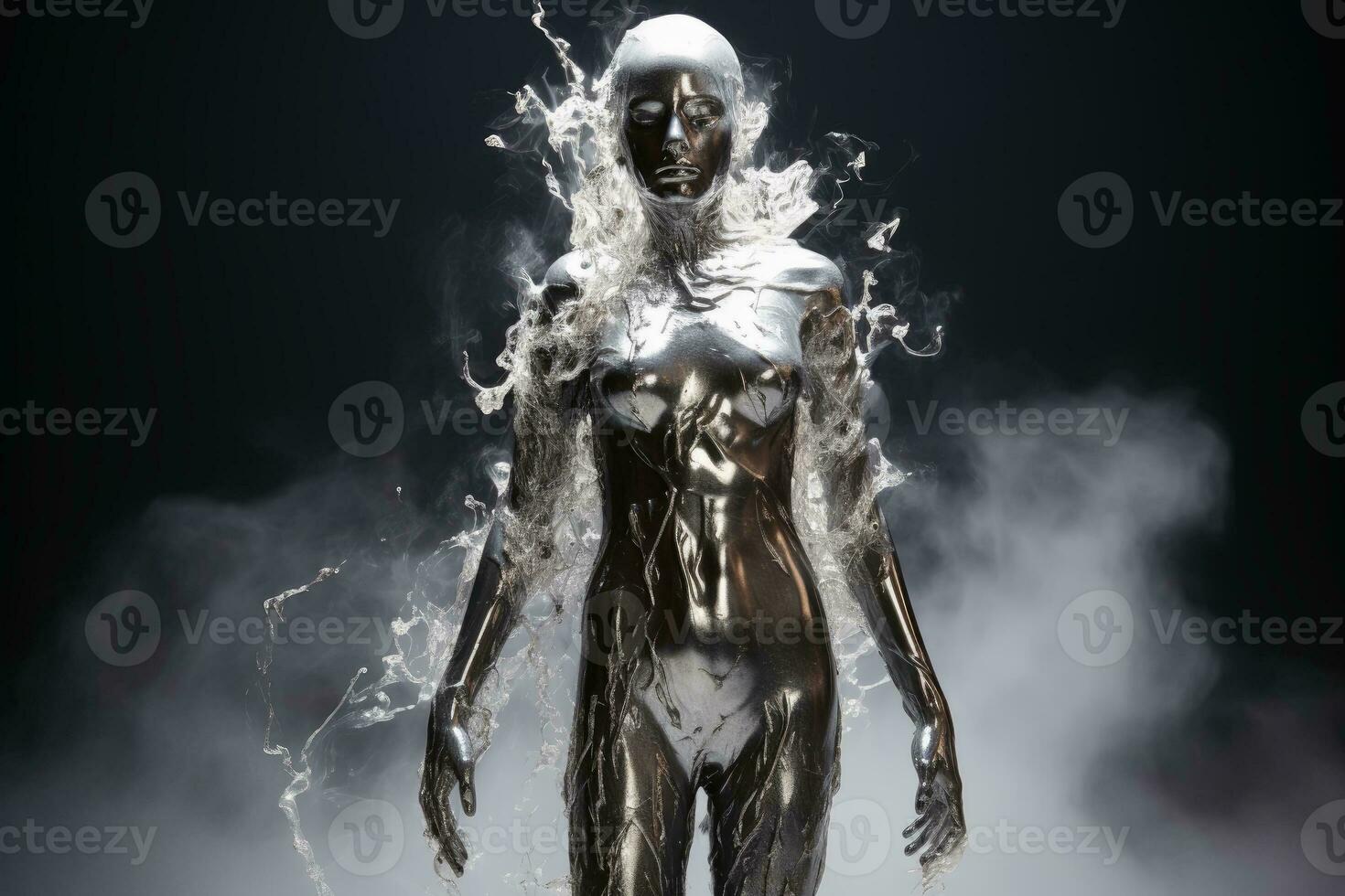 A woman made of liquid mercury.AI generative photo