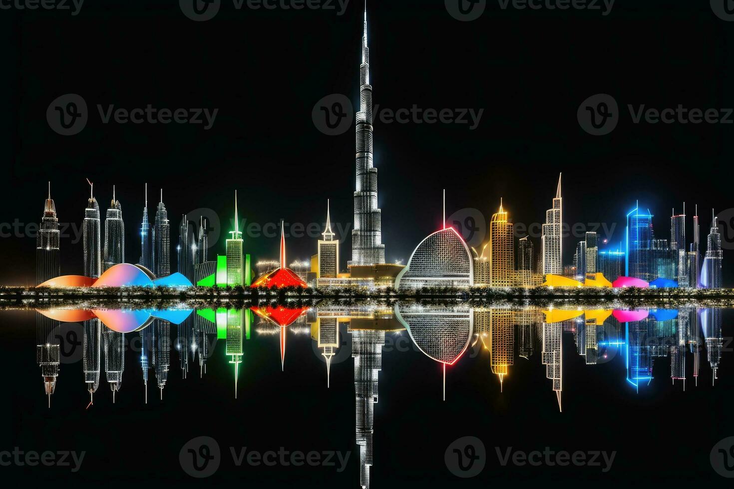 A skyline of a big city in the night with water reflections. photo