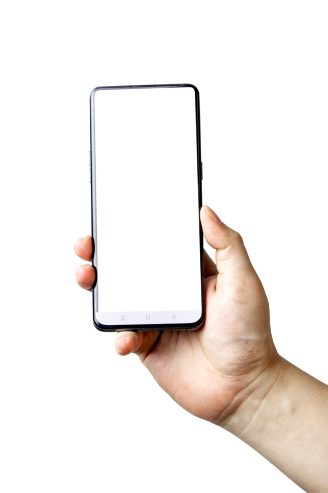 Male hand holding smartphone with blank screen isolated on background. With space to copy and design advertising or public relations. png