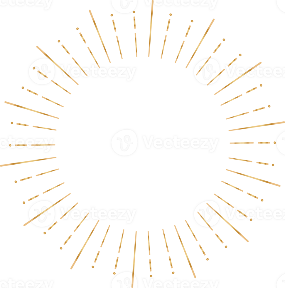Golden sunburst doodle line art on transparent background. png