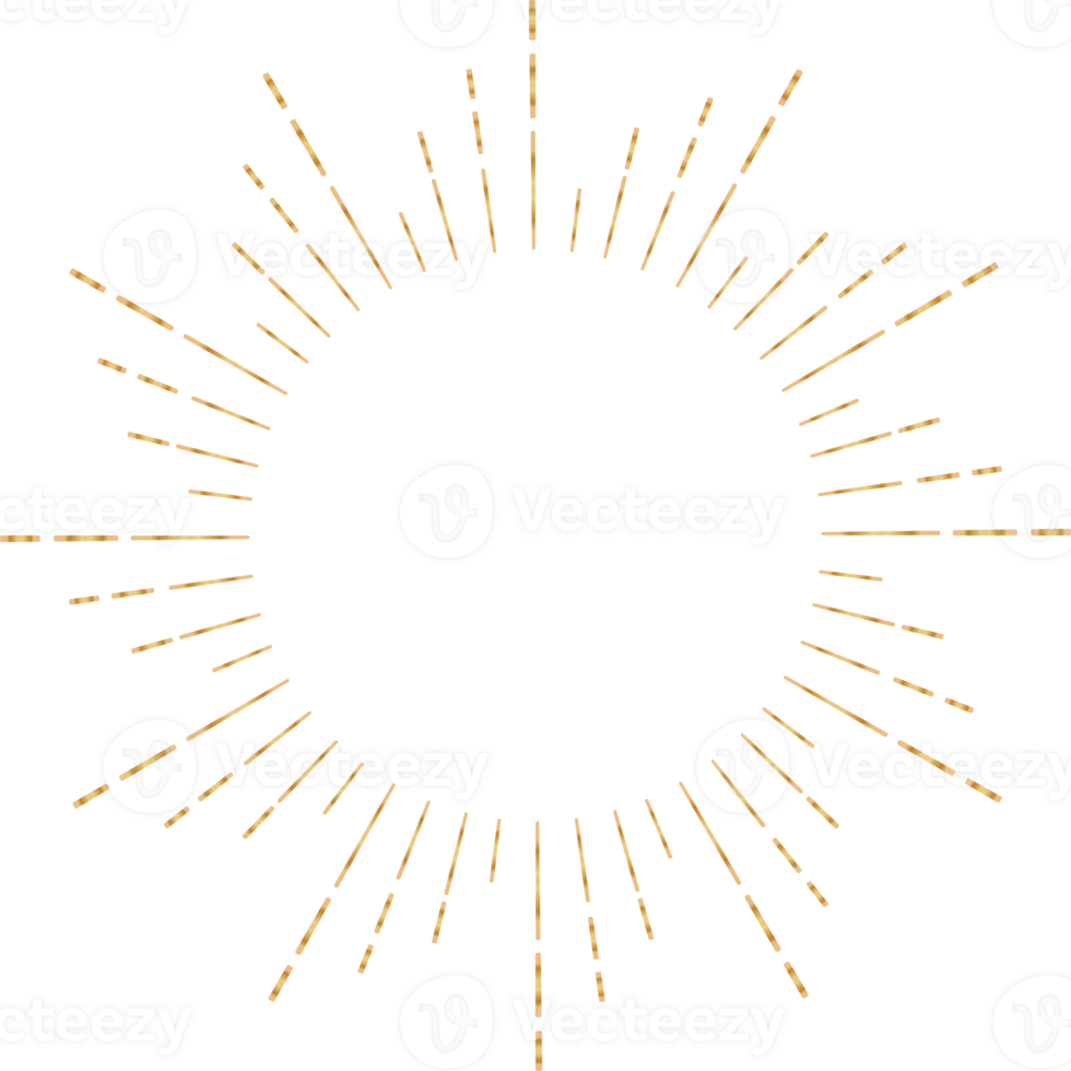 Golden sunburst doodle line art on transparent background. png